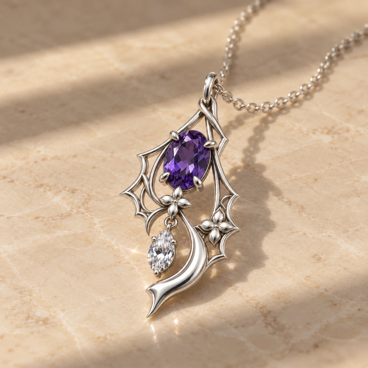 Black Swan Memoria Necklace in silver on marble in window light
