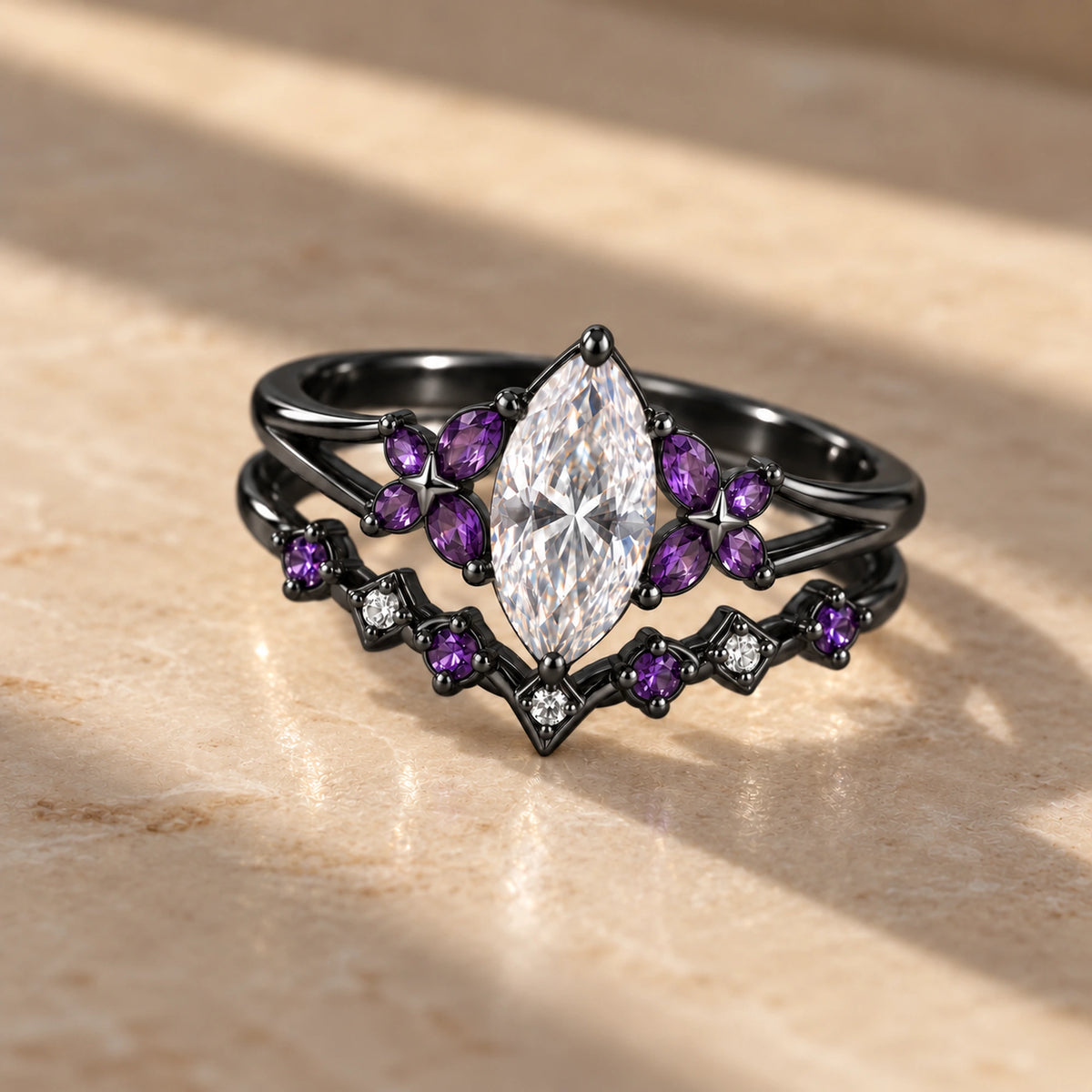 Black Swan Memoria Two-in-One Ring in Royal Black on marble in window light