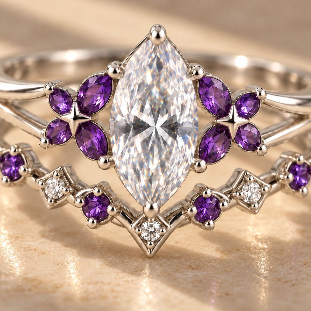 Close-up of the marquise and violet flower clusters