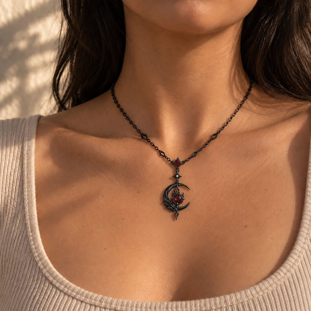 Black Swan Necklace in Royal Black, worn