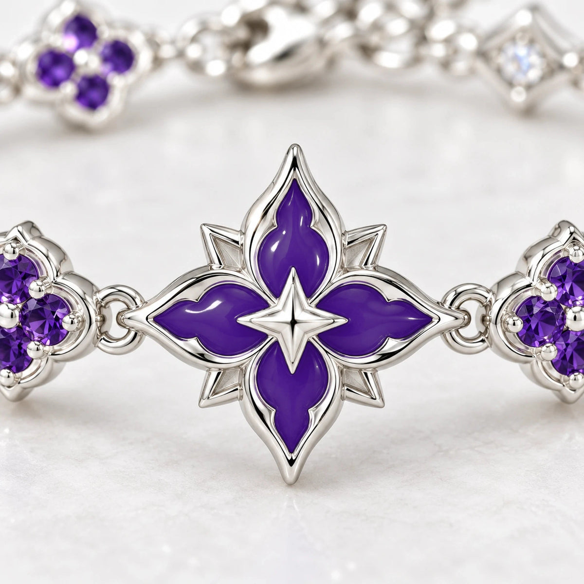 Black Swan Violet Star Bracelet, close-up of the violet star