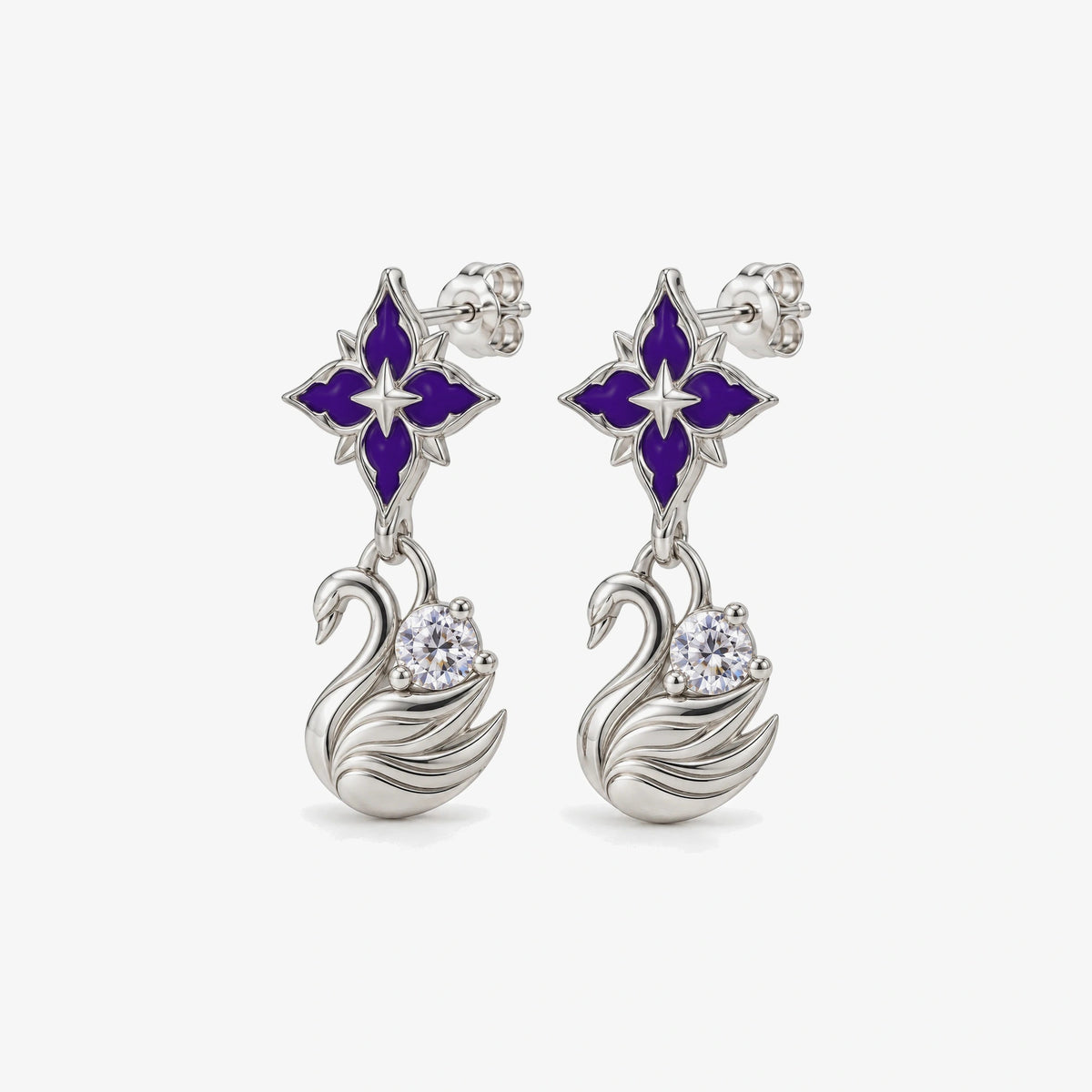 Black Swan Violet Star Earrings in silver, front view