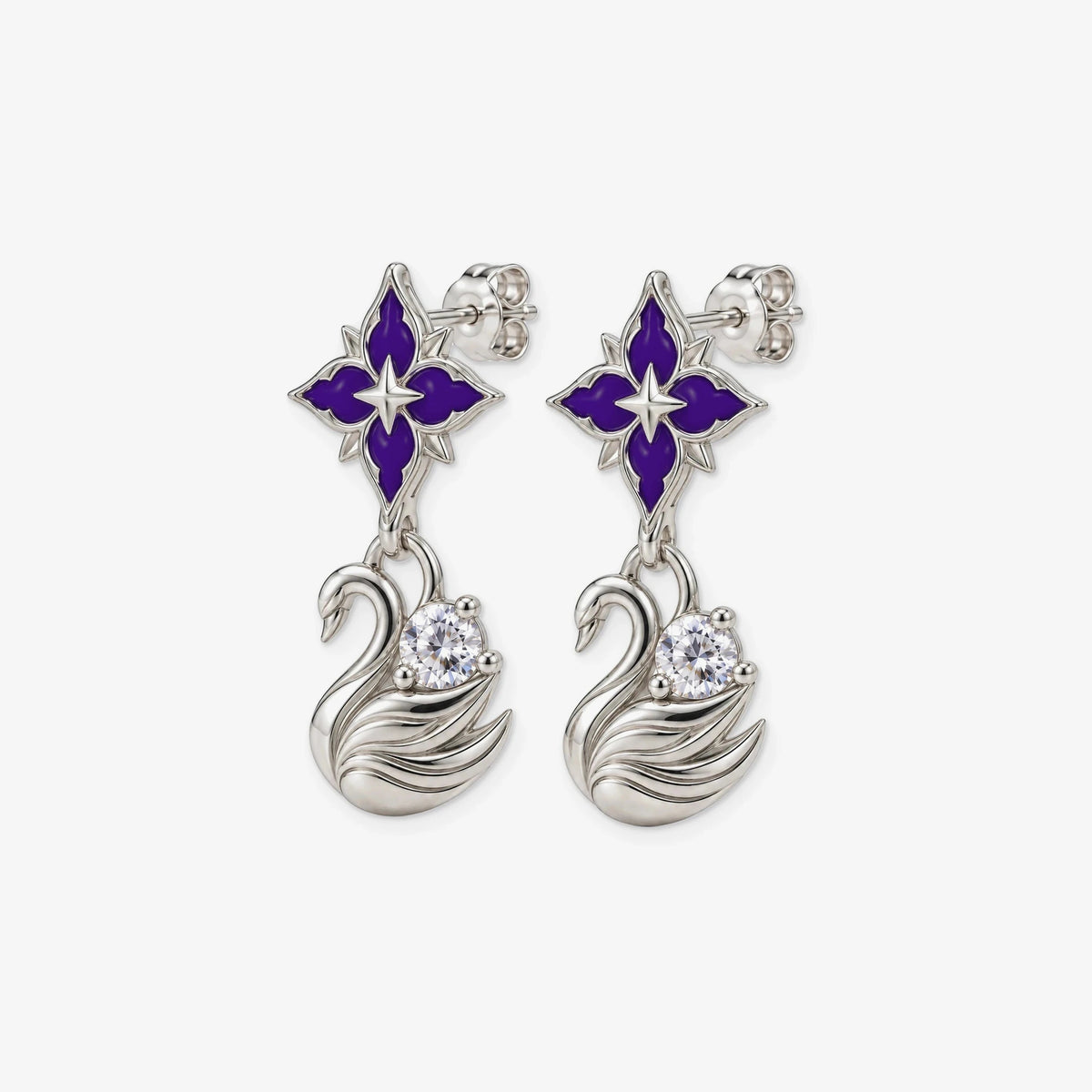 Black Swan Violet Star Earrings in silver, three-quarter view