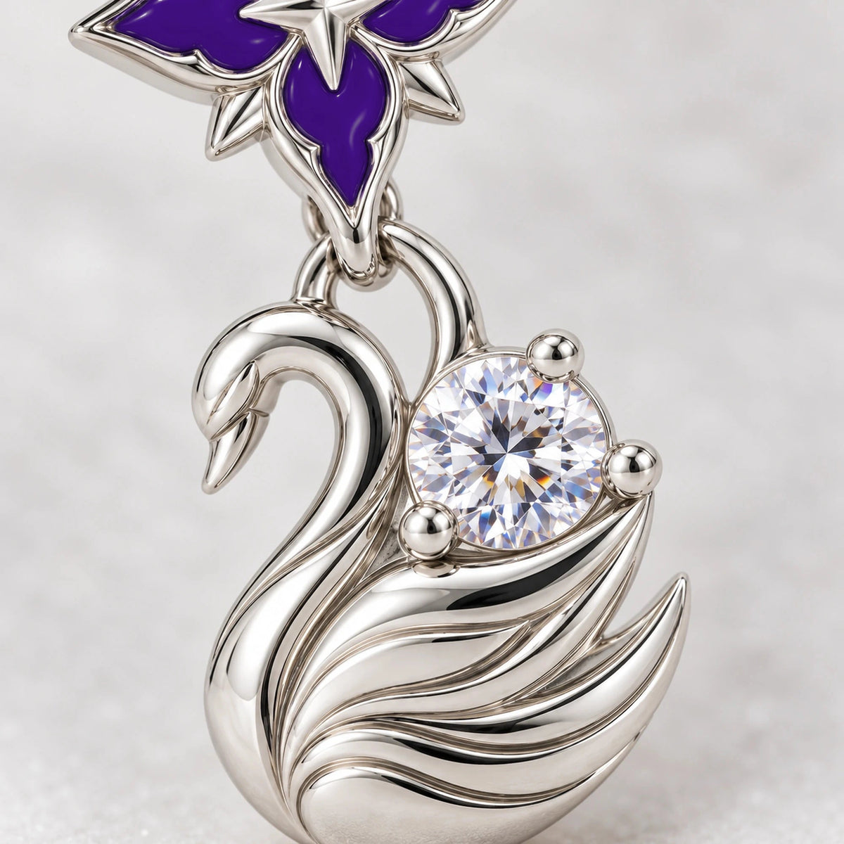 Black Swan Violet Star Earring, close-up of the swan and stone