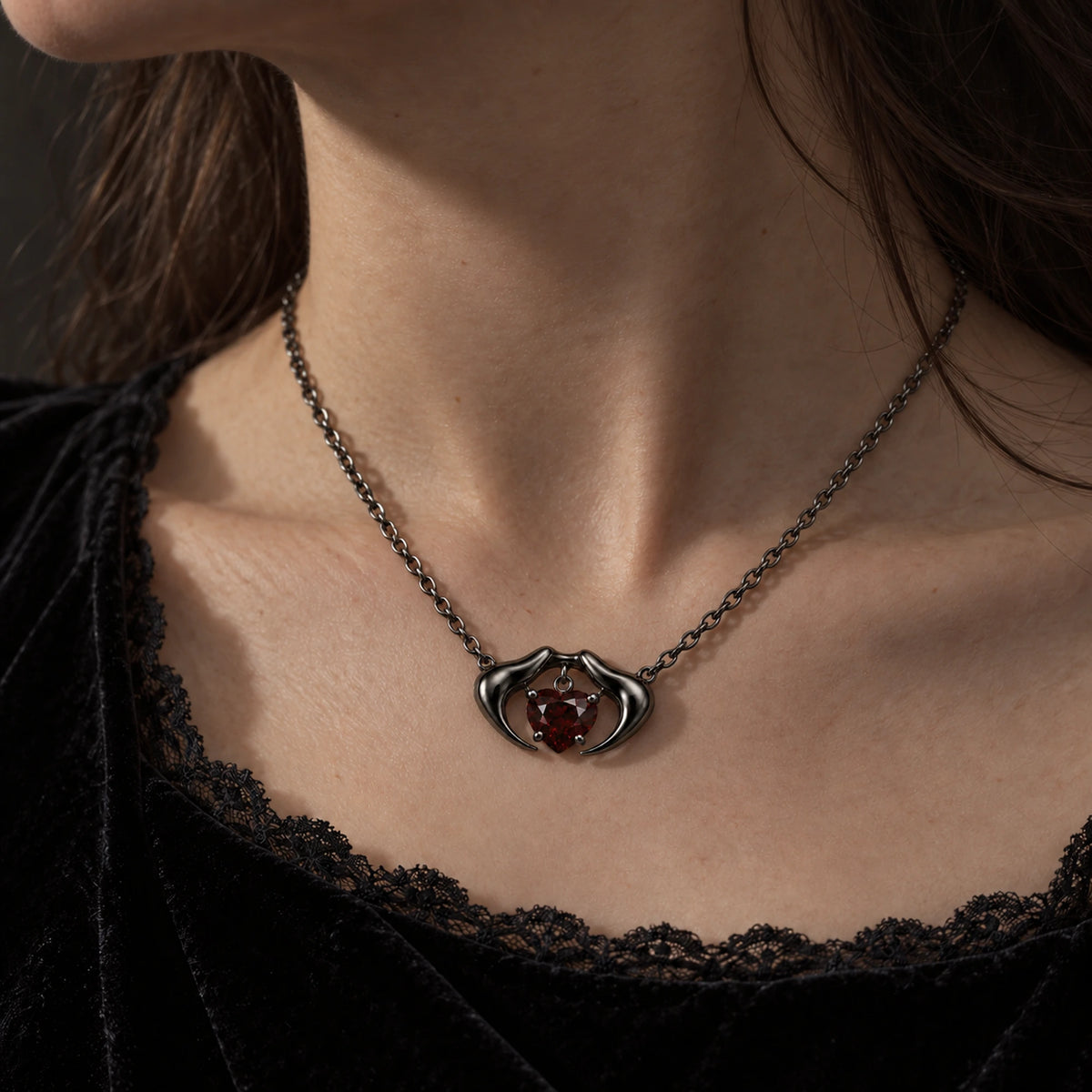 Blood Bond Pendant Necklace in Royal Black, worn