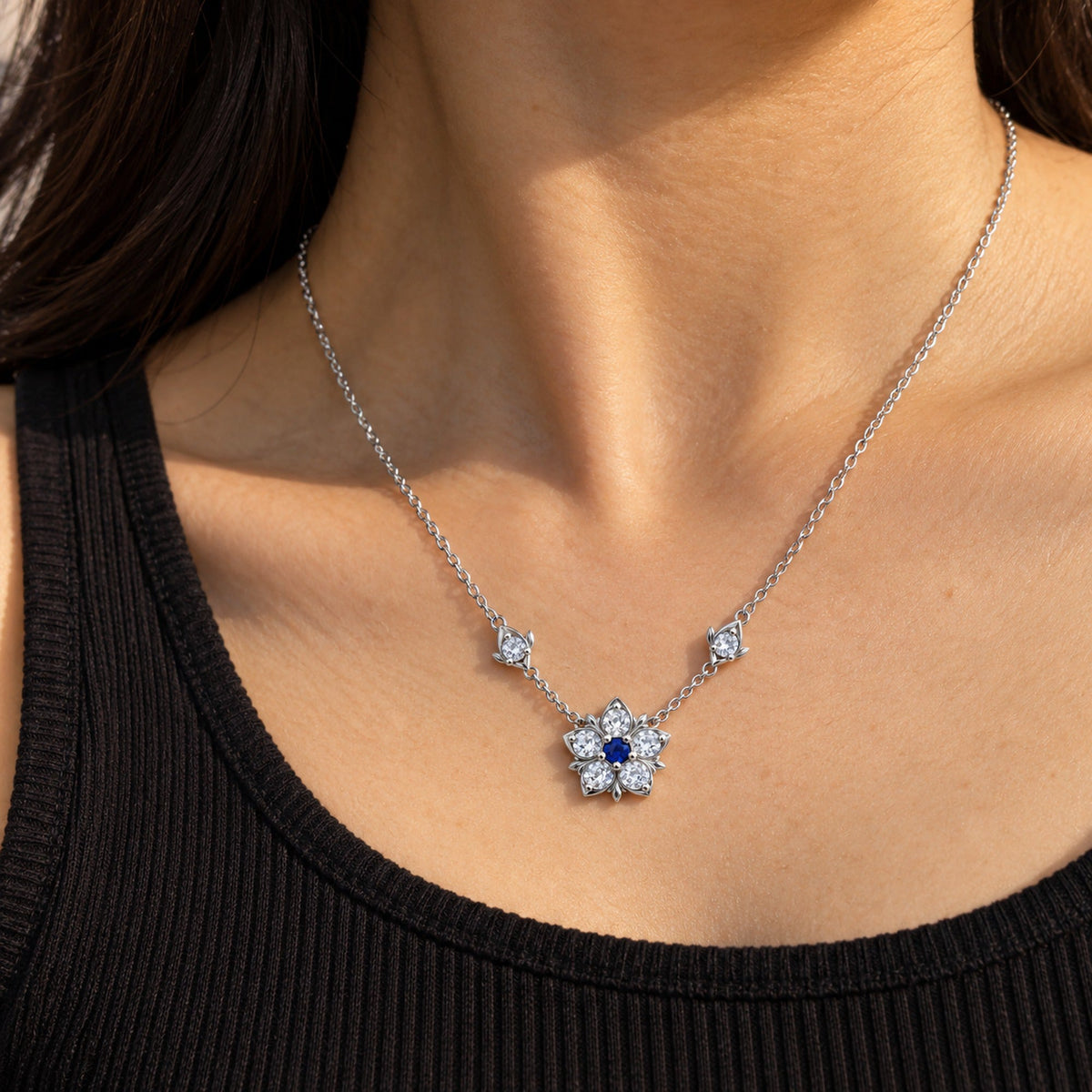 Blue Composure Full Collection in silver, the necklace worn