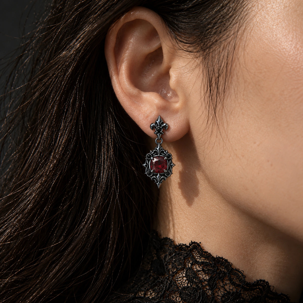 Borgia Drop Earrings in Royal Black, worn