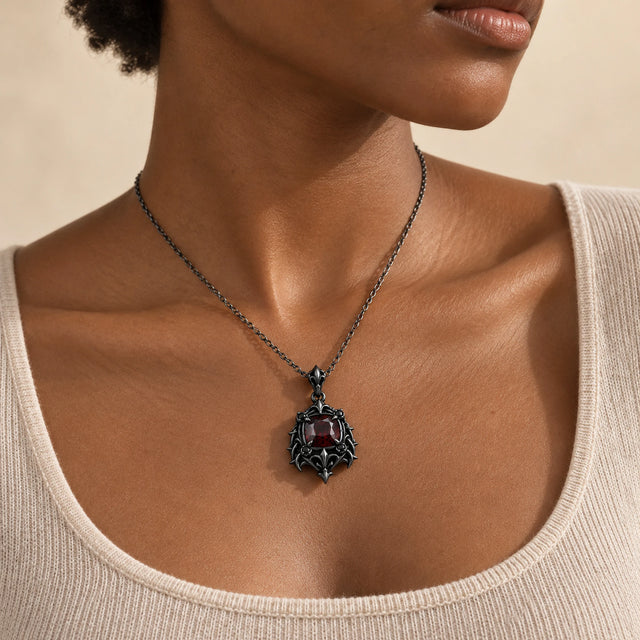 Borgia Poison Pendant Necklace in Royal Black, worn