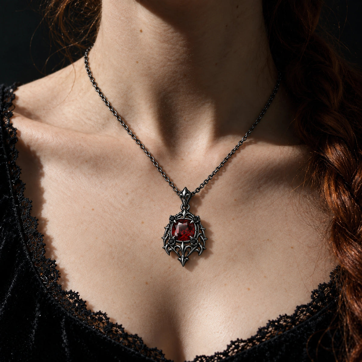Borgia Poison Pendant Necklace in Royal Black, worn