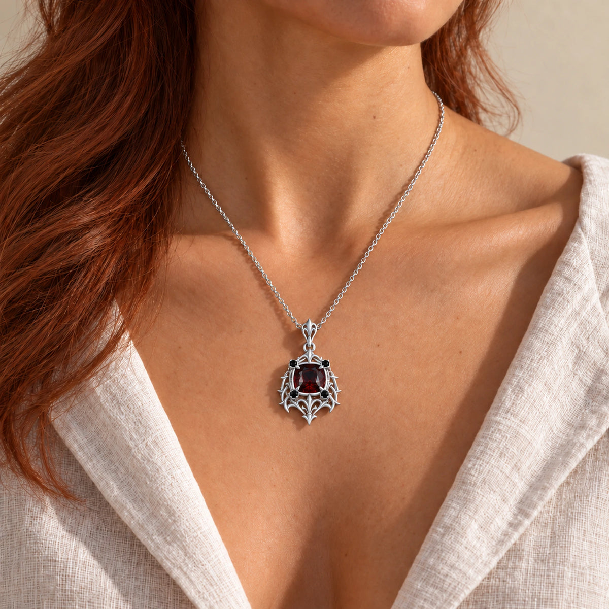 Borgia Poison Pendant Necklace in Silver, worn