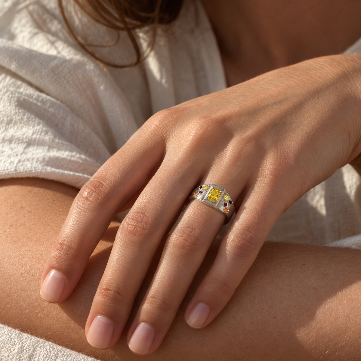 Cheek Spark Signet Ring in silver, worn