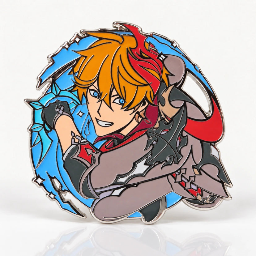 Childe Glow in the Dark Enamel Pin by Kraymer Art, front view on white