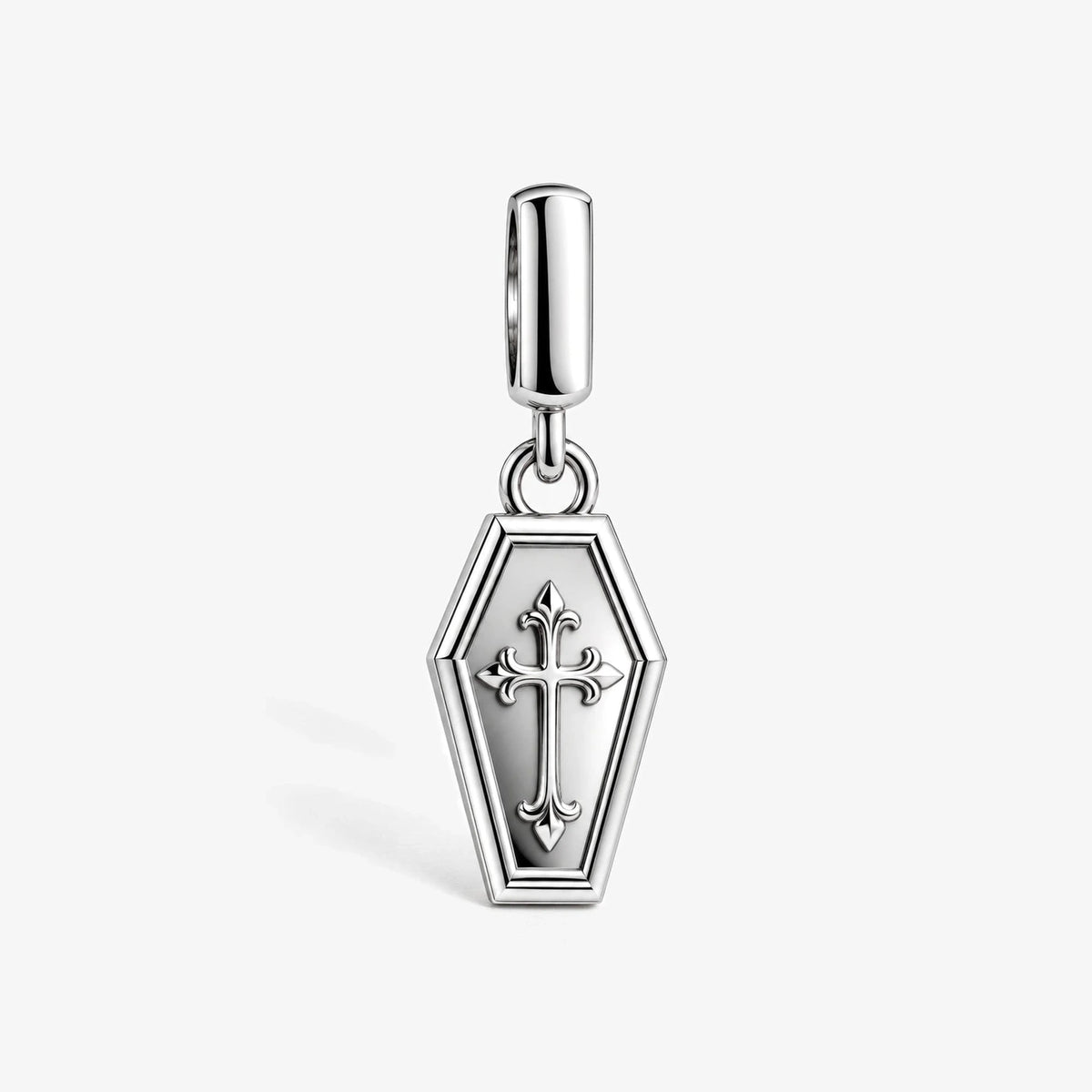 Coffin Cross Charm in silver, front view