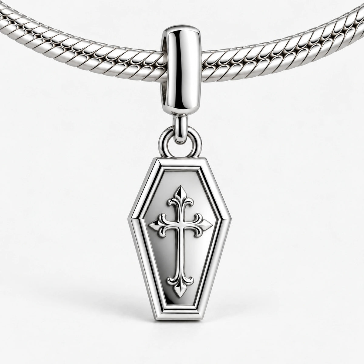 Coffin Cross Charm in silver on a snake chain charm bracelet