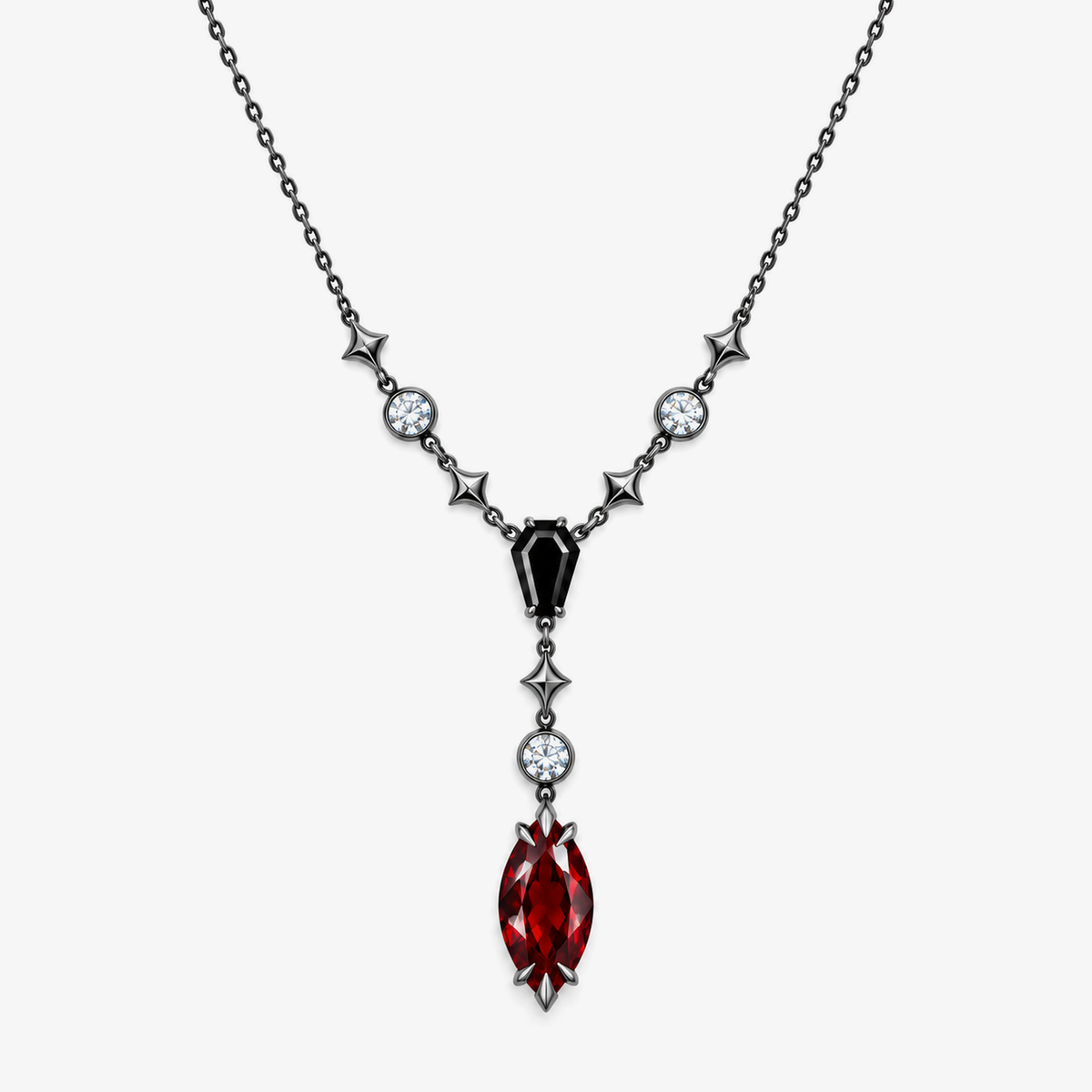 Coffin Y Necklace in Royal Black, front view