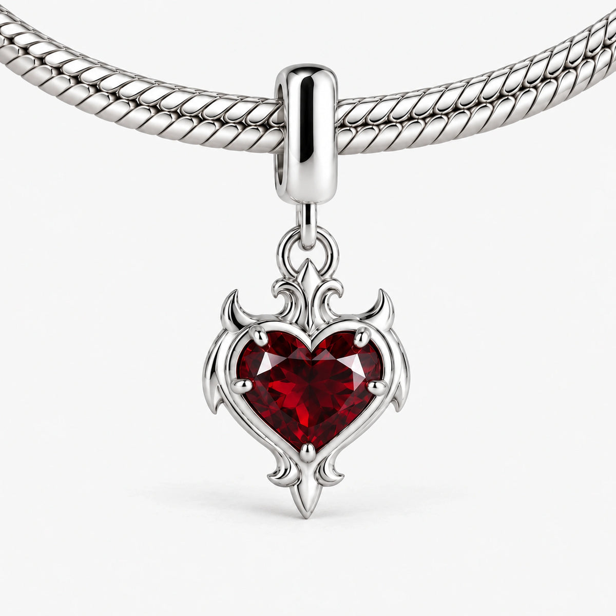 Blood Bond Heart Charm in Silver, on our silver snake-chain charm bracelet
