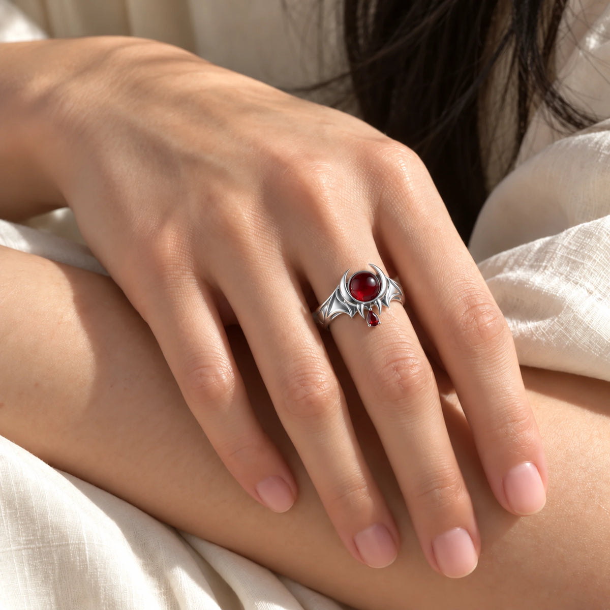 Crimson Wing Ring in Silver, worn on the hand