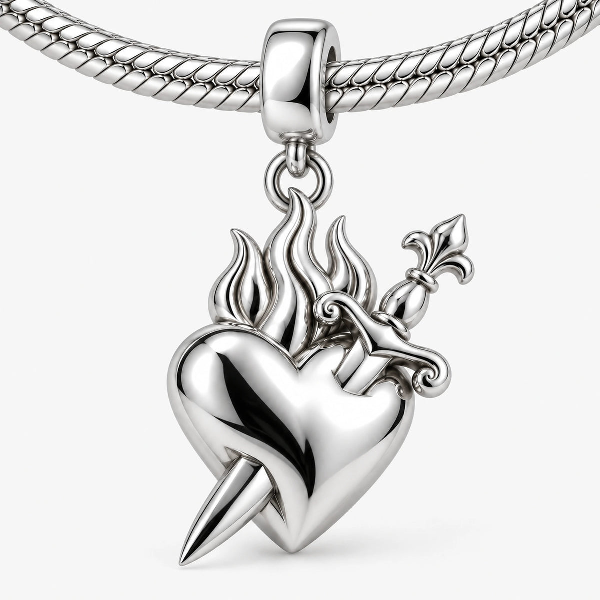 Dagger Heart Charm in silver on a snake chain charm bracelet
