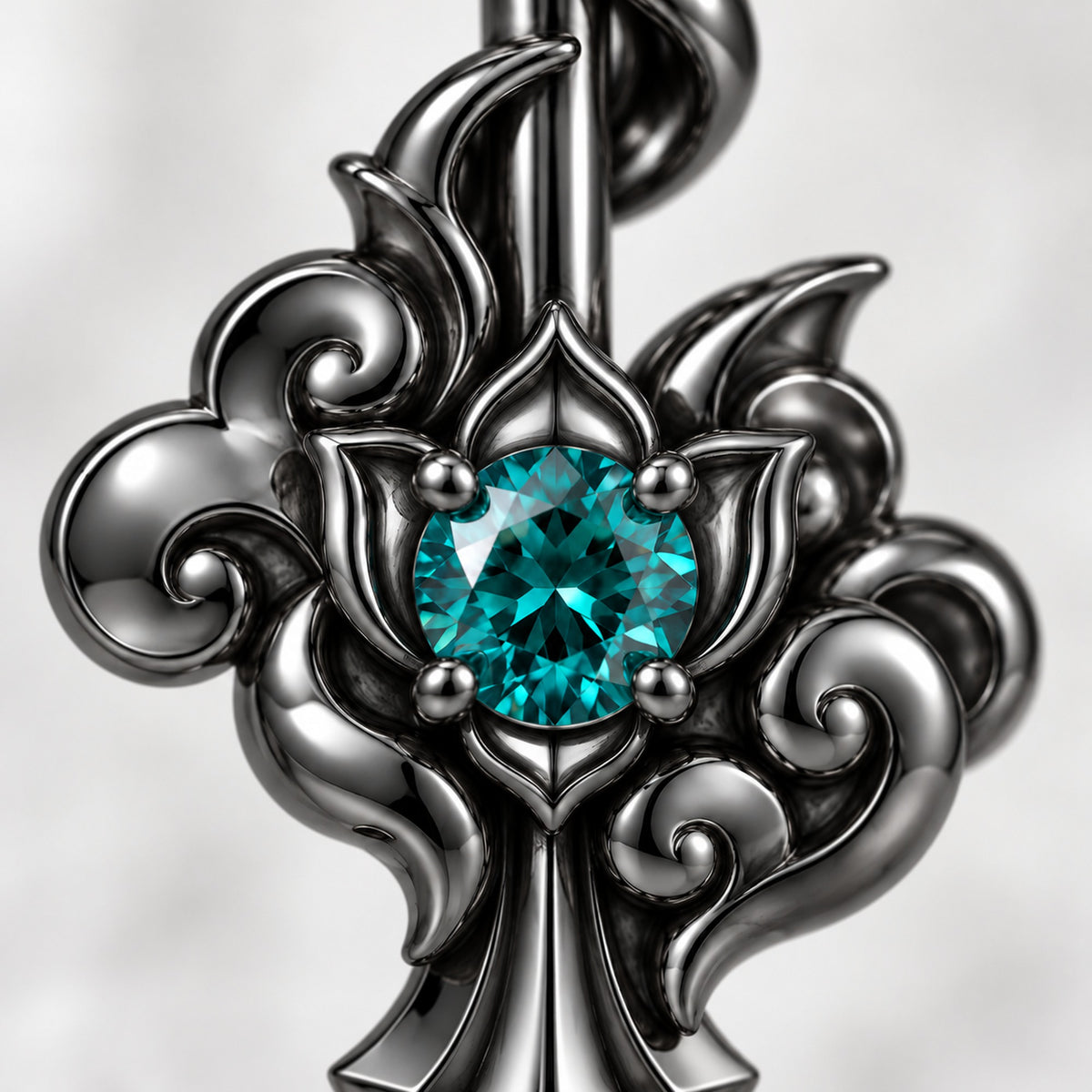 Dan Heng Cloud-Piercer Charm in Royal Black, close-up of the teal stone and lotus