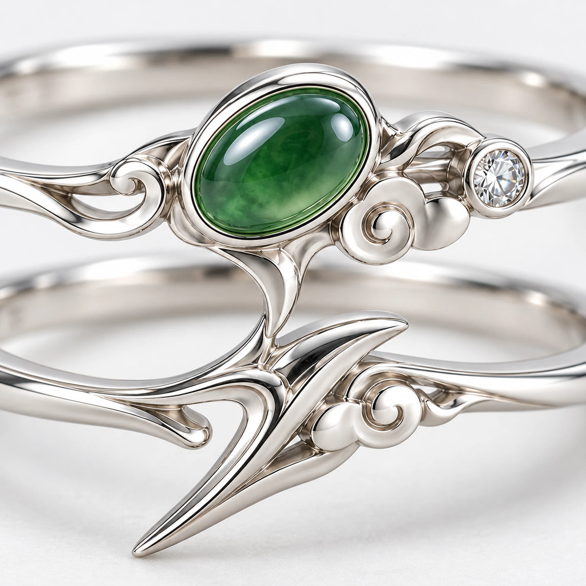 Dan Heng Cloudpiercer Stacking Ring Set, close-up of the green stone and spear tip