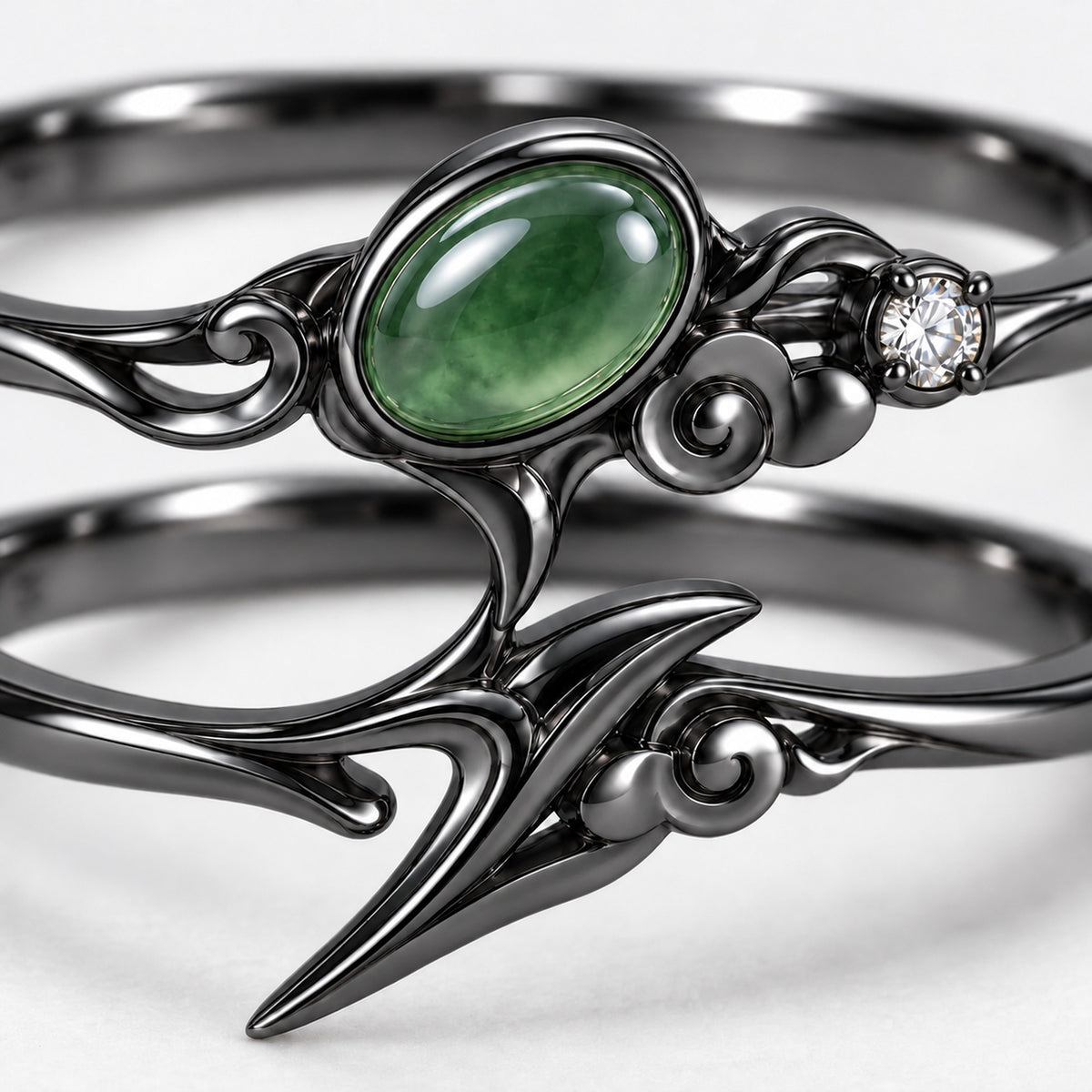 Dan Heng Cloudpiercer Stacking Ring Set in Royal Black, close-up of the green stone and spear tip
