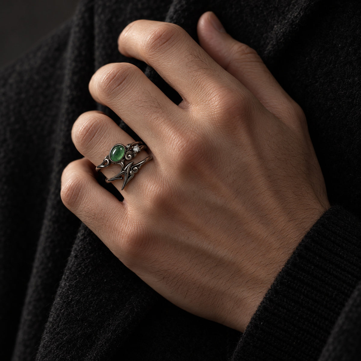 Dan Heng Cloudpiercer Stacking Ring Set in Royal Black, worn on a man's hand