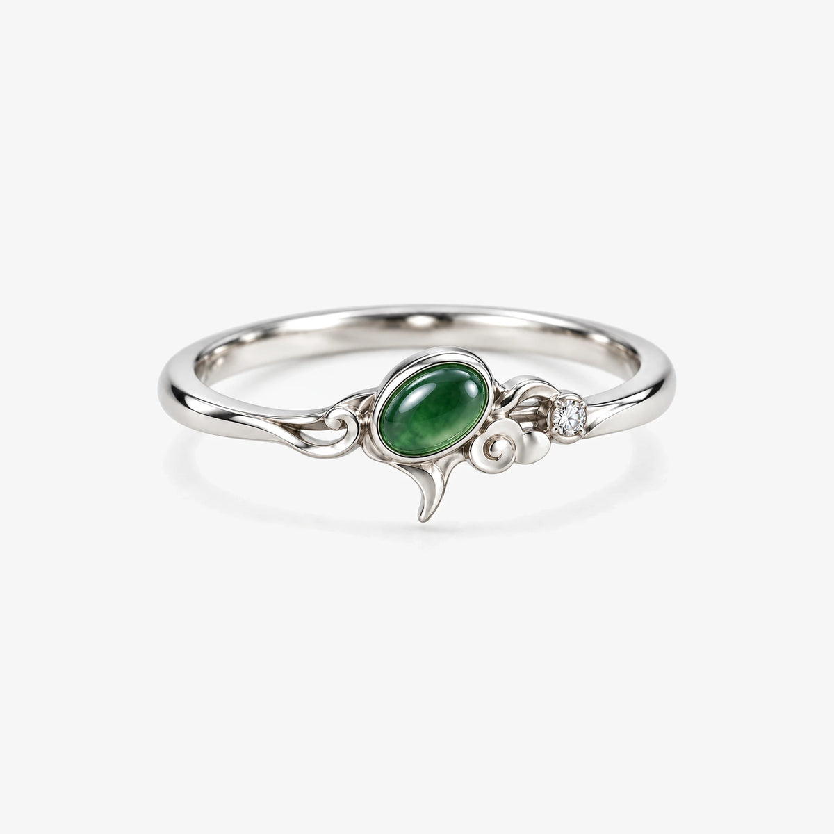 Dan Heng Cloudpiercer Stacking Ring Set in silver, the top ring with the oval green stone on its own