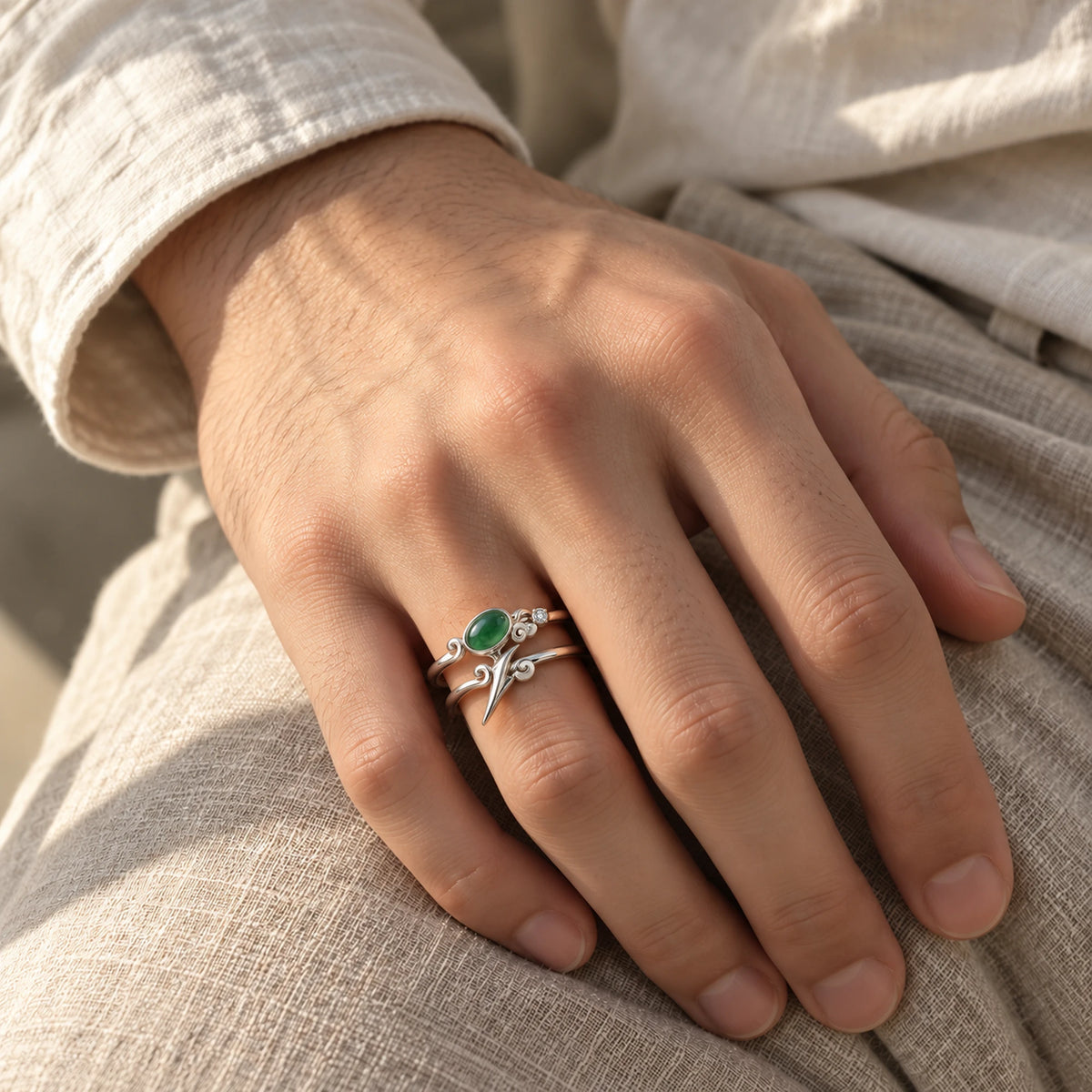Dan Heng Cloudpiercer Stacking Ring Set in silver, worn on a man's hand