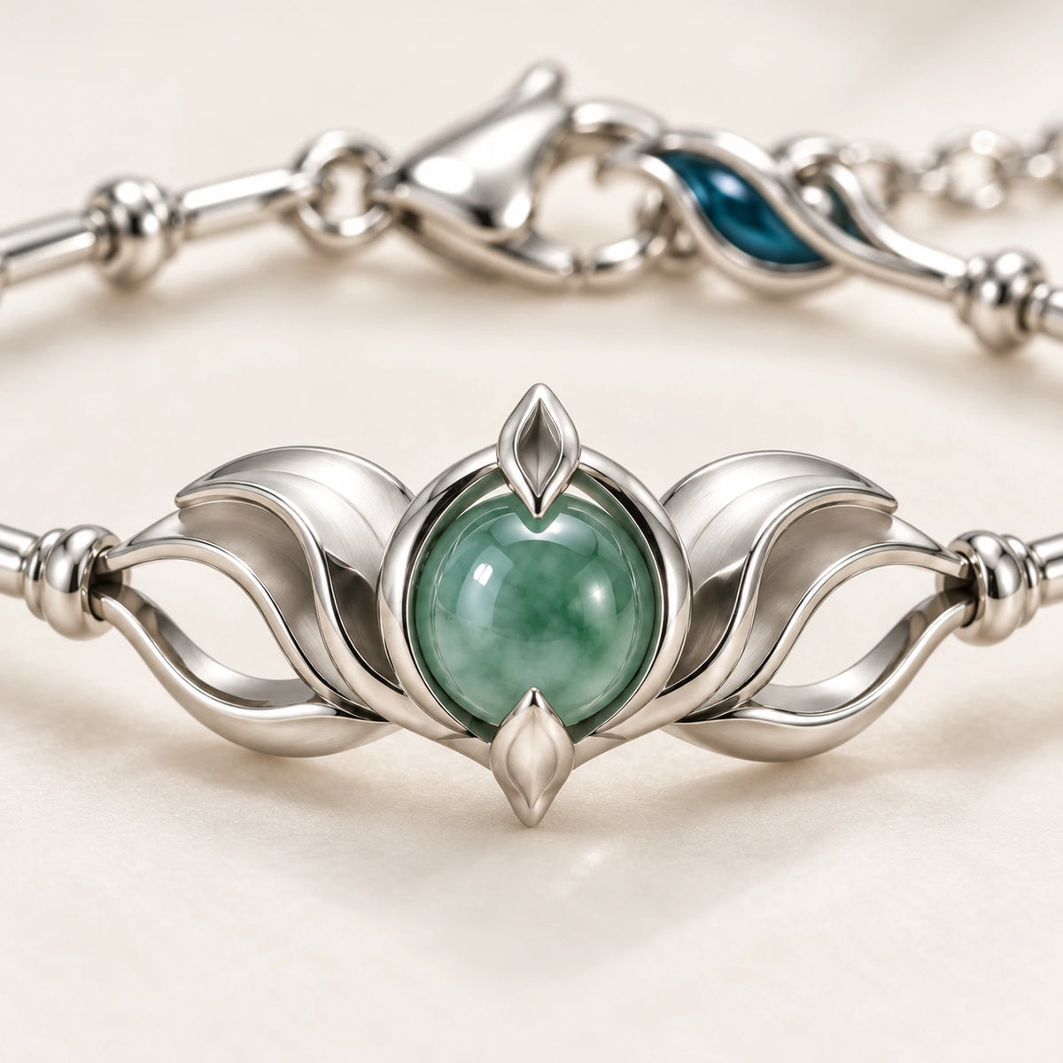 Dan Heng Lotuswake Bracelet, close-up of the green stone and lotus petals