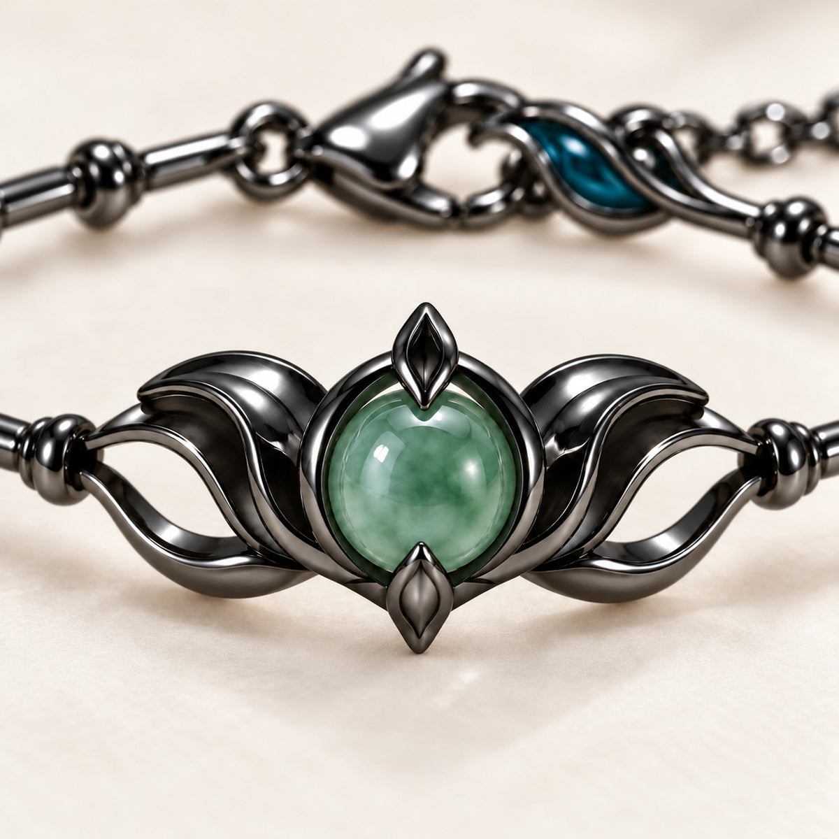 Dan Heng Lotuswake Bracelet in Royal Black, close-up of the green stone and lotus petals