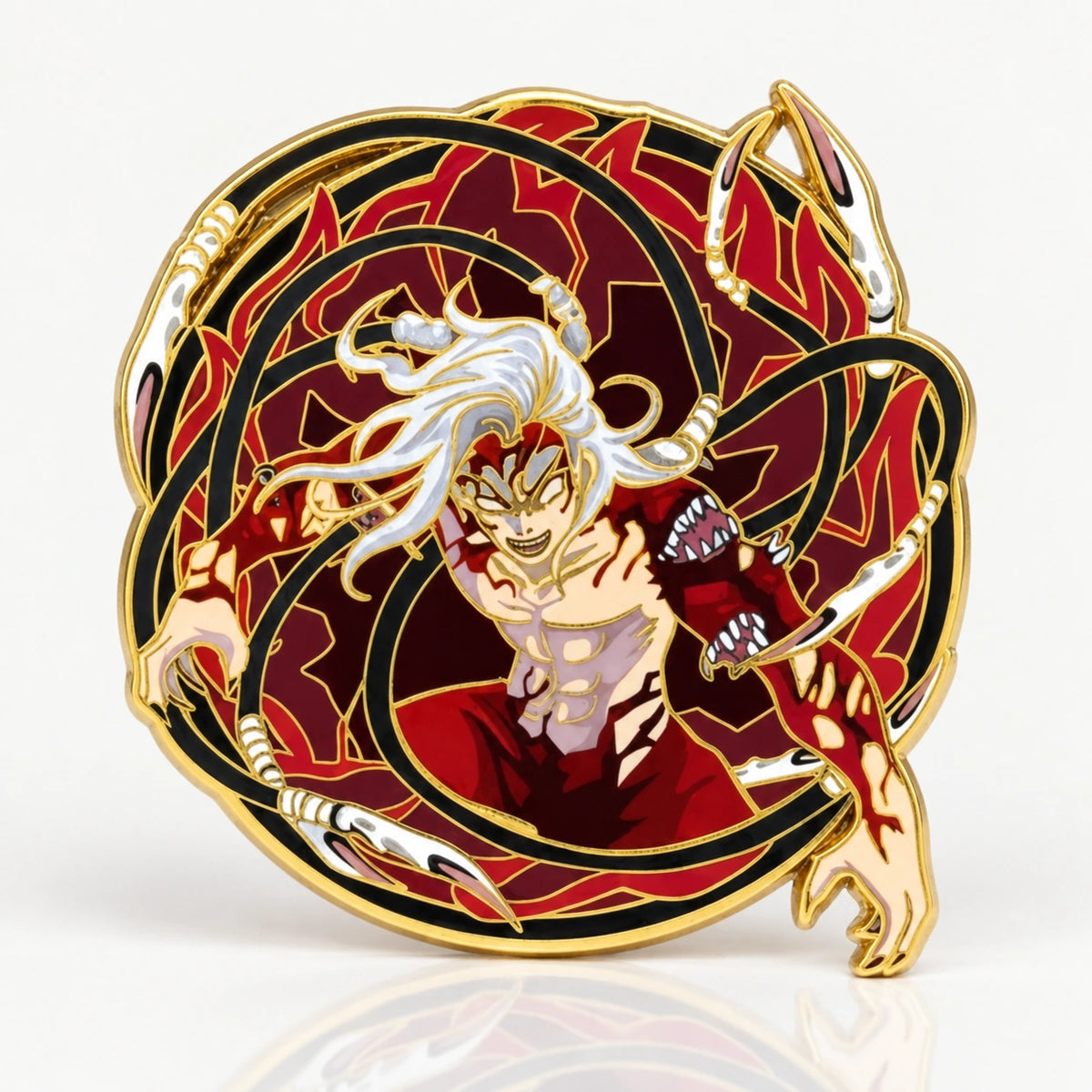 Demon King Glow in the Dark Enamel Pin by Kraymer Art, front view on white