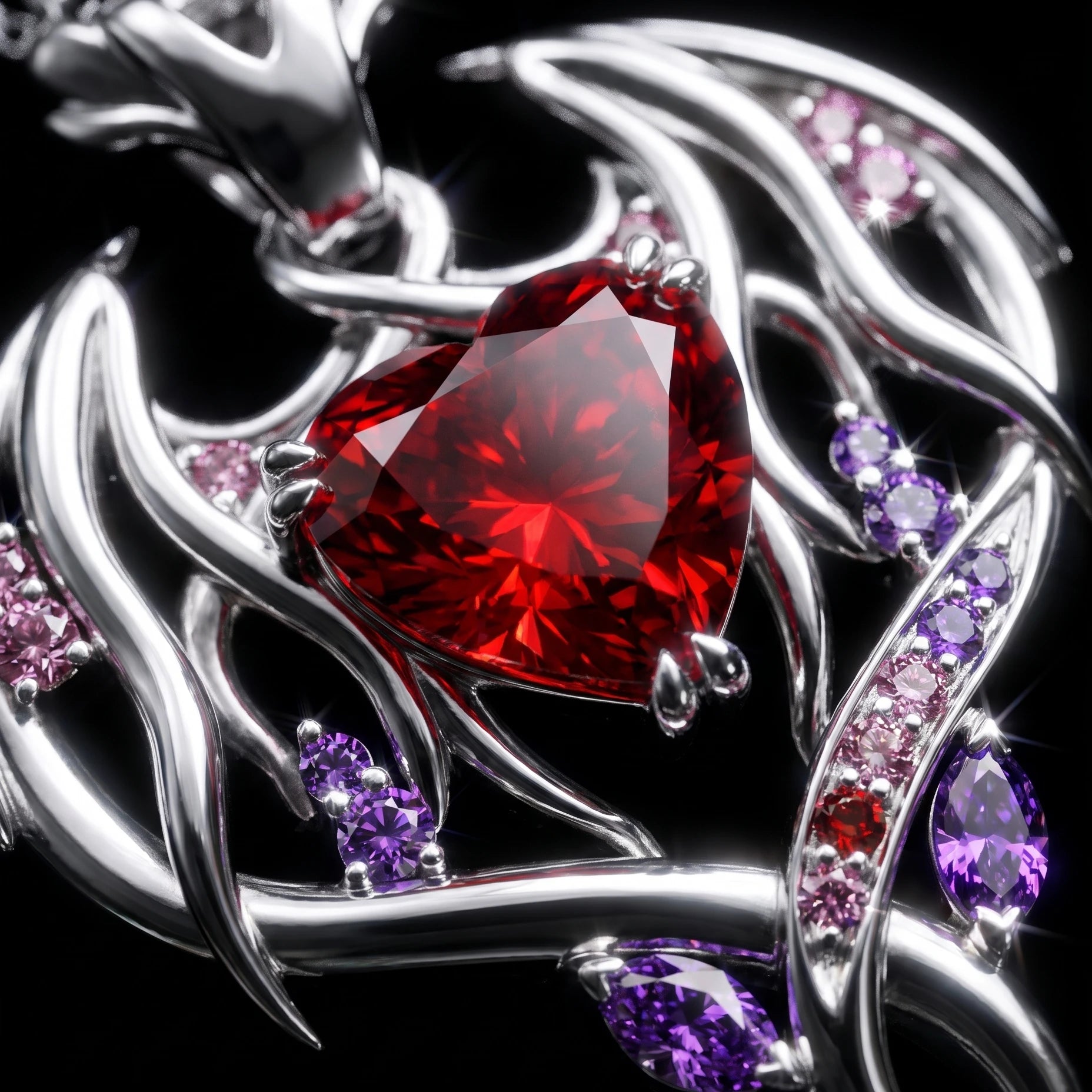 Durin Necklace macro close-up: heart-cut red gem in silver dragon-wing setting with pink and purple stones