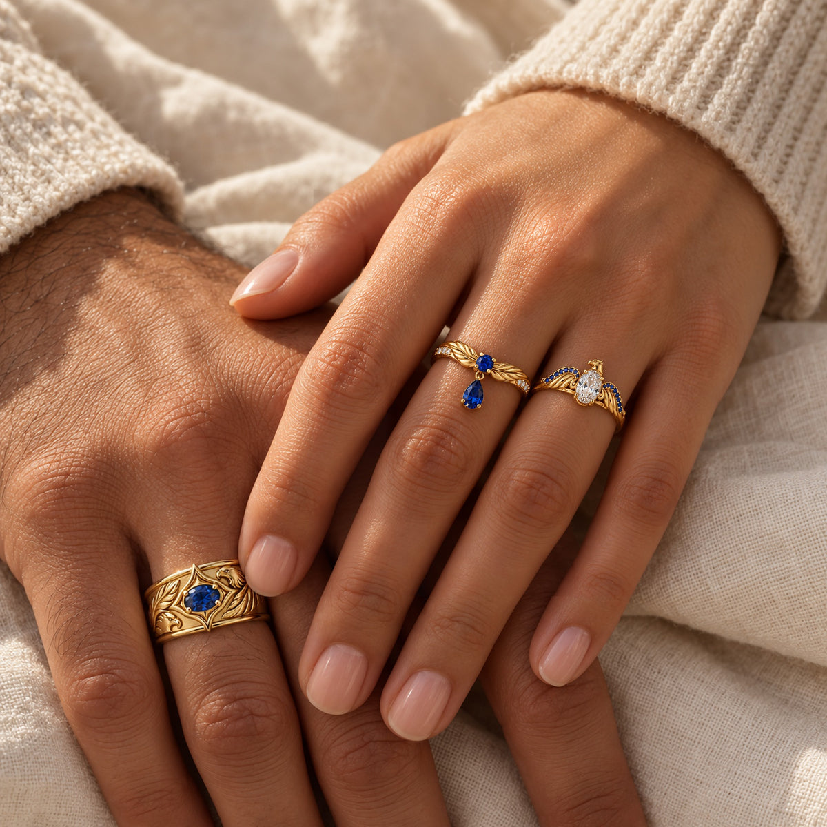 Eagle Couple Ring Set in gold, worn as a couple