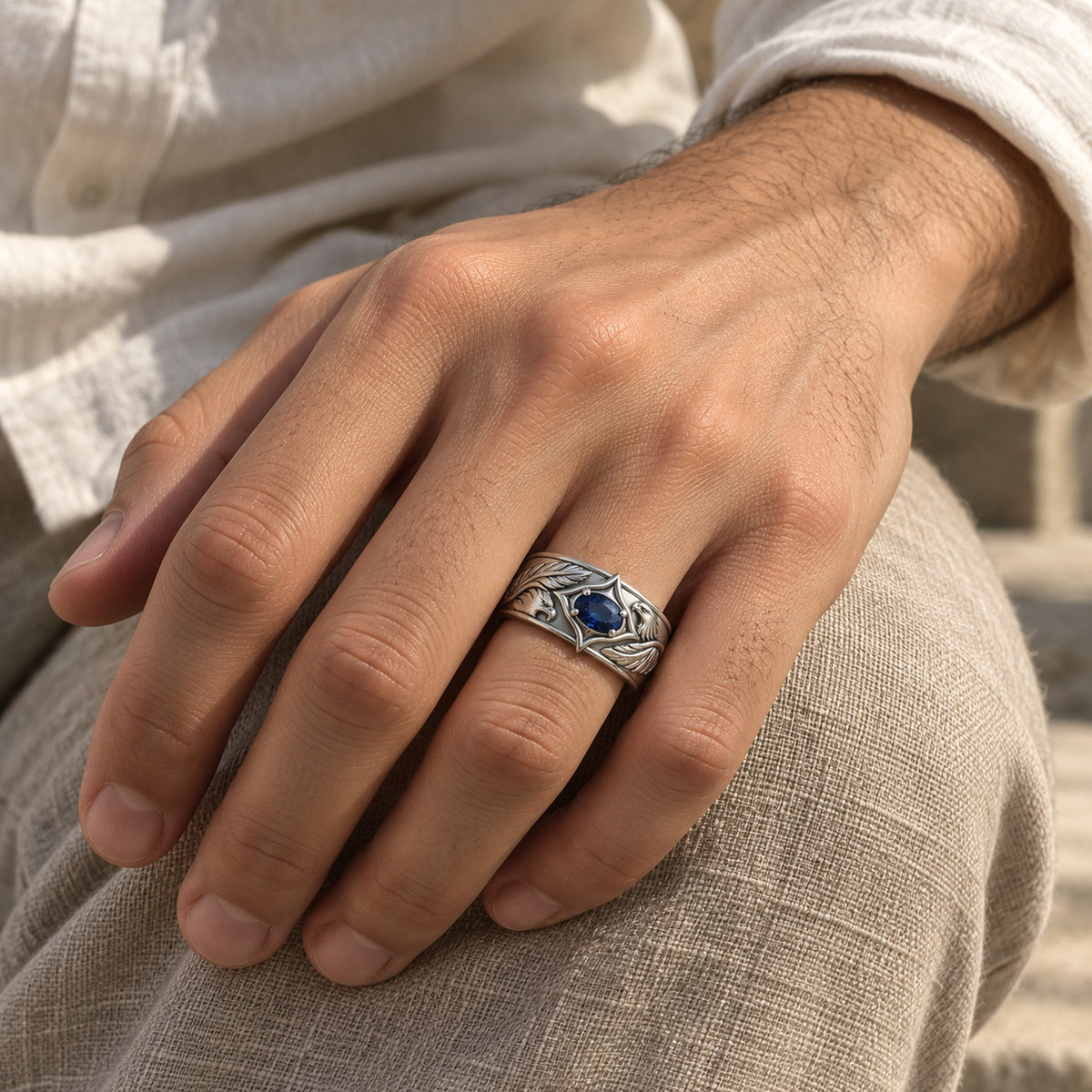 Eagle Feather Wide Band in silver, worn