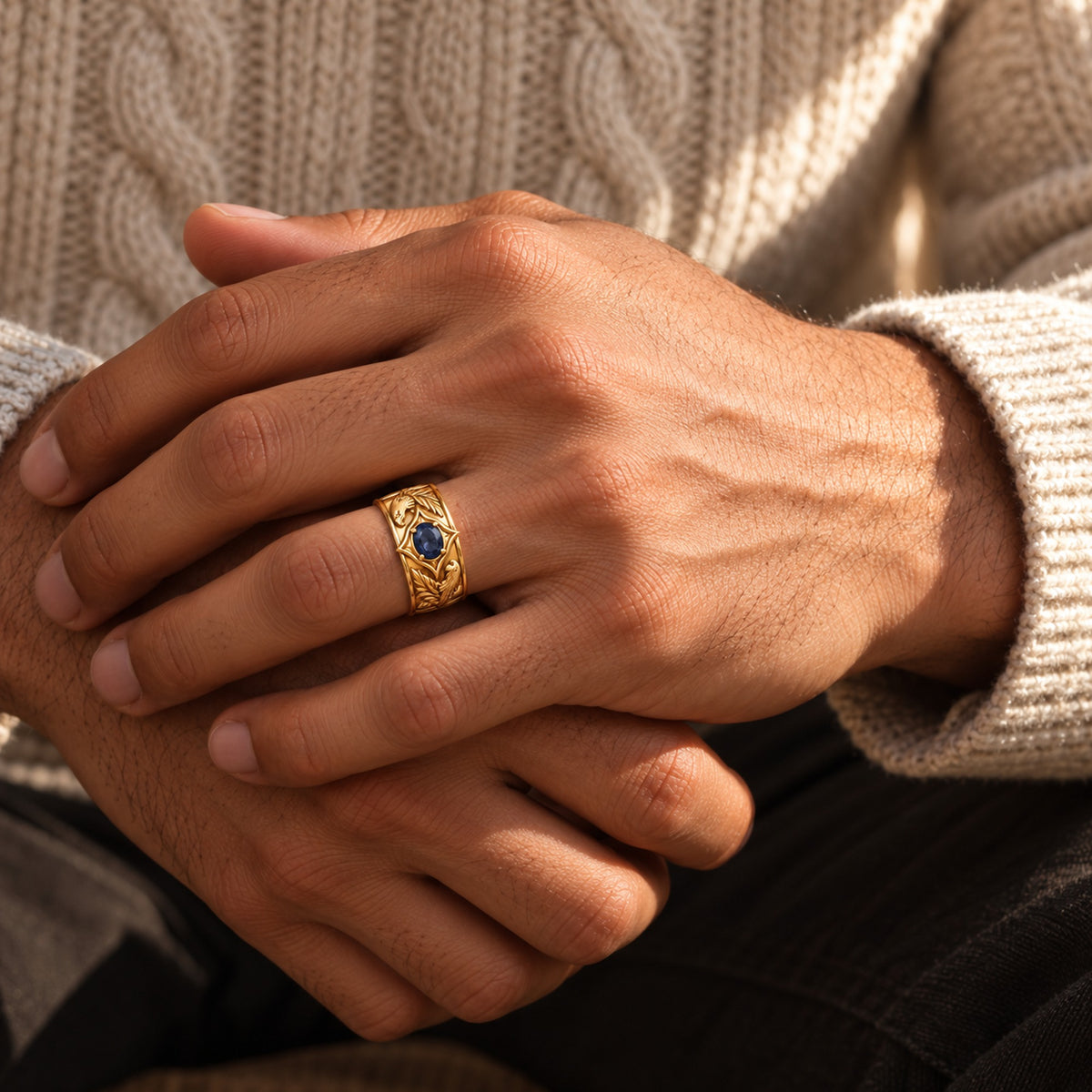 Eagle Feather Wide Band in gold, worn
