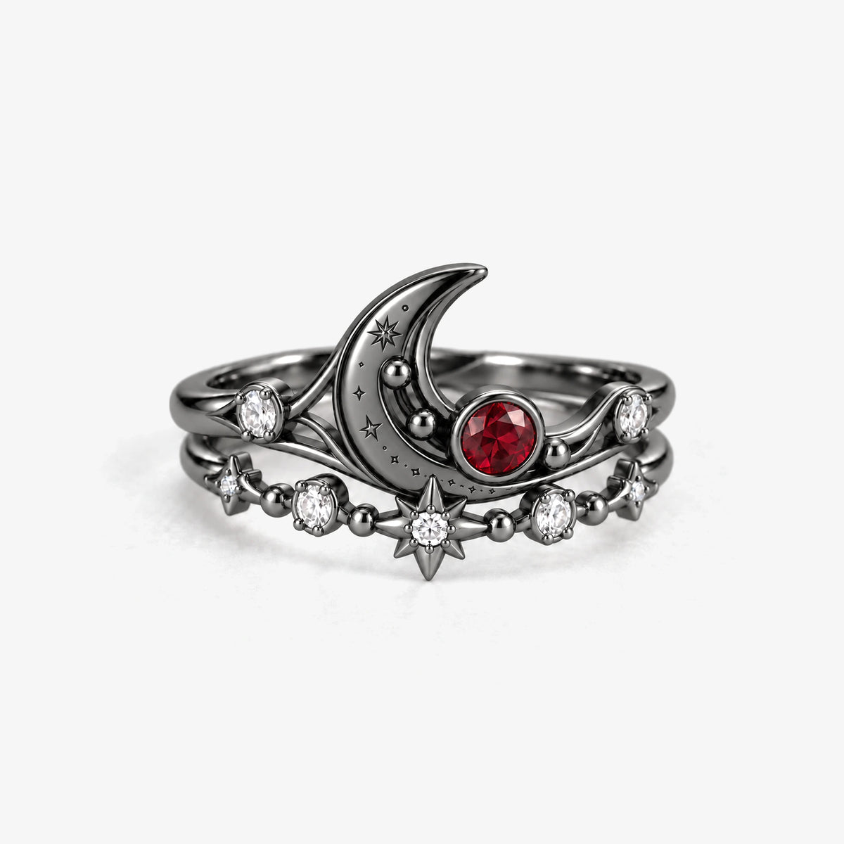 Eclipse Waltz Ring Duo in Royal Black, the two rings stacked, zoomed out
