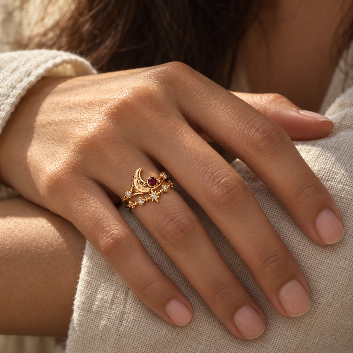 Eclipse Waltz Ring Duo in Gold, worn on the hand
