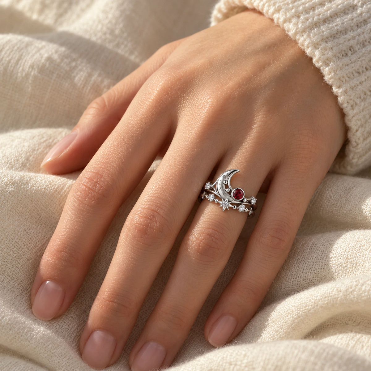 Eclipse Waltz Ring Duo in Silver, worn on the hand