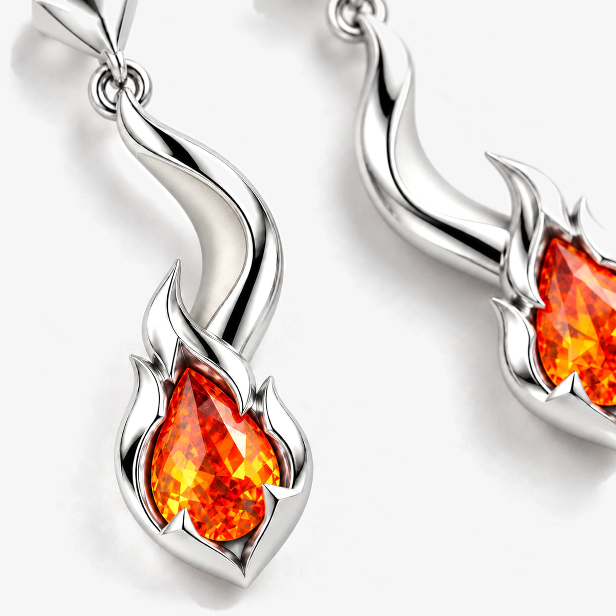 Tail Flame Earrings in silver, close-up