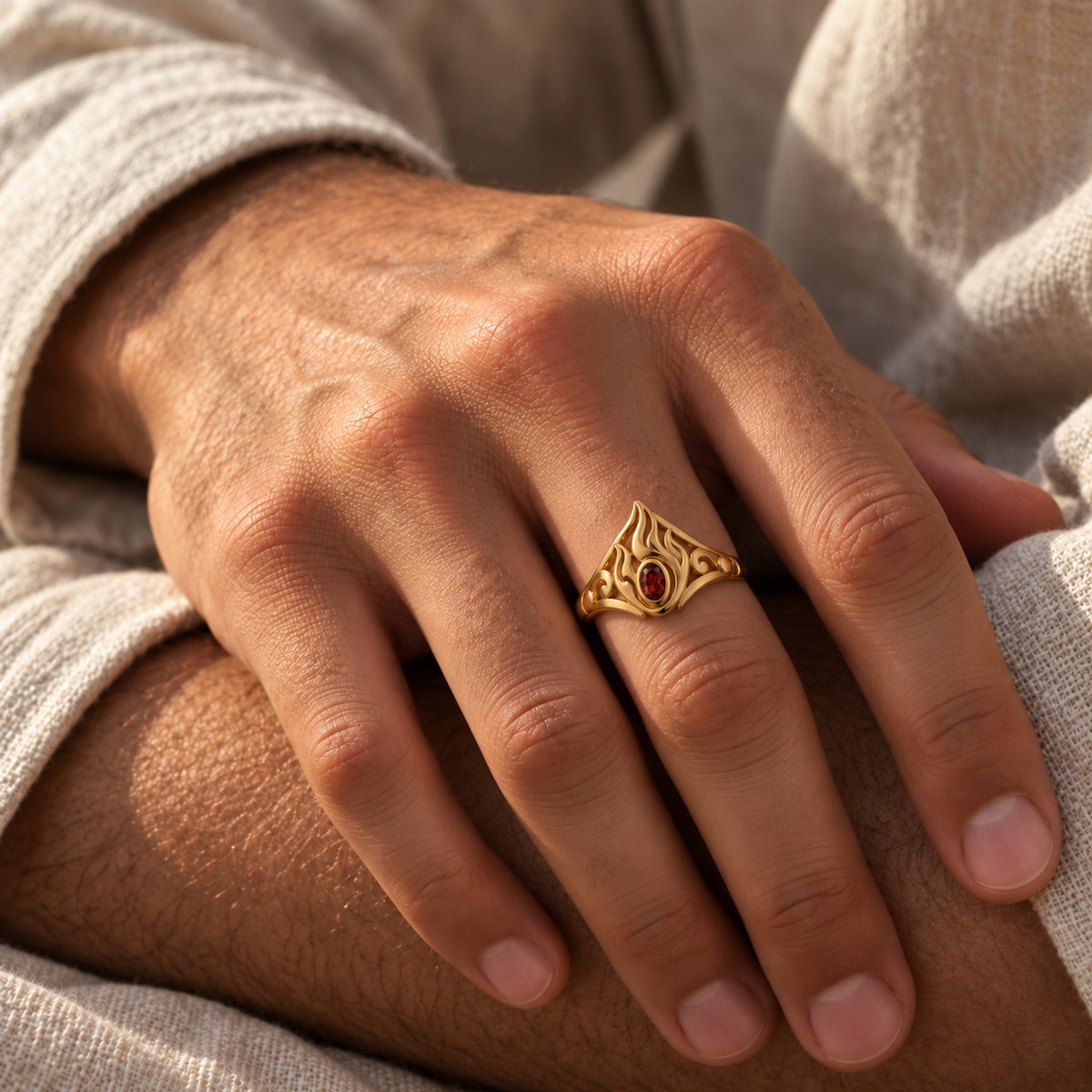 Fire Nation Crown Ring in gold, worn on a man