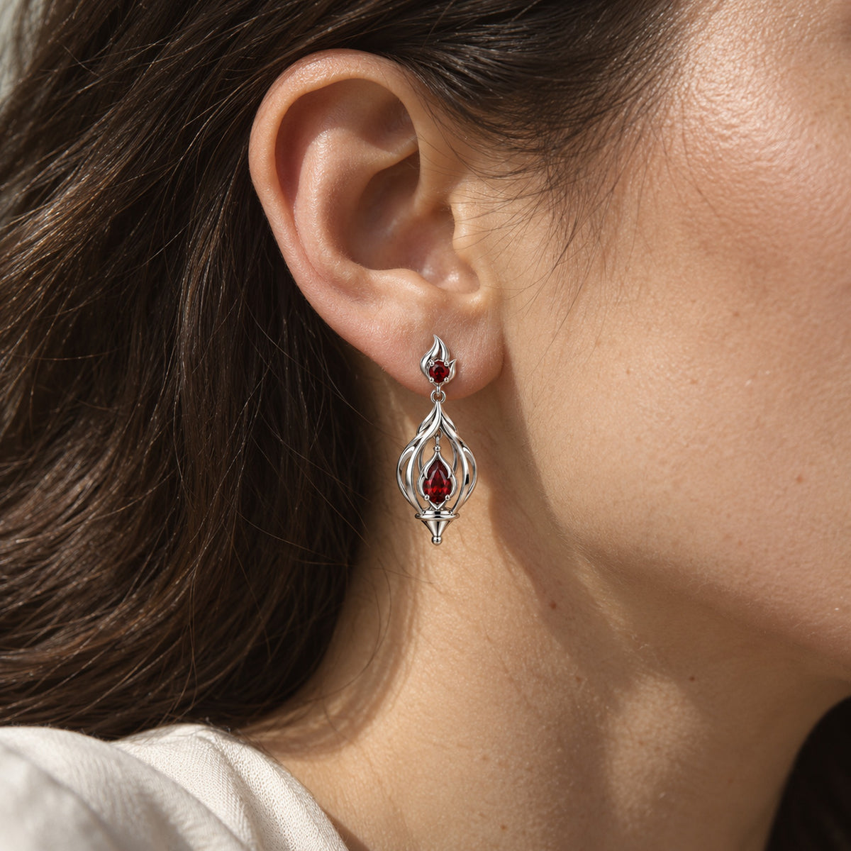 Fire Nation Lantern Earrings in silver, worn