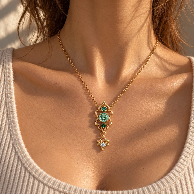 Firefly Necklace in gold, worn