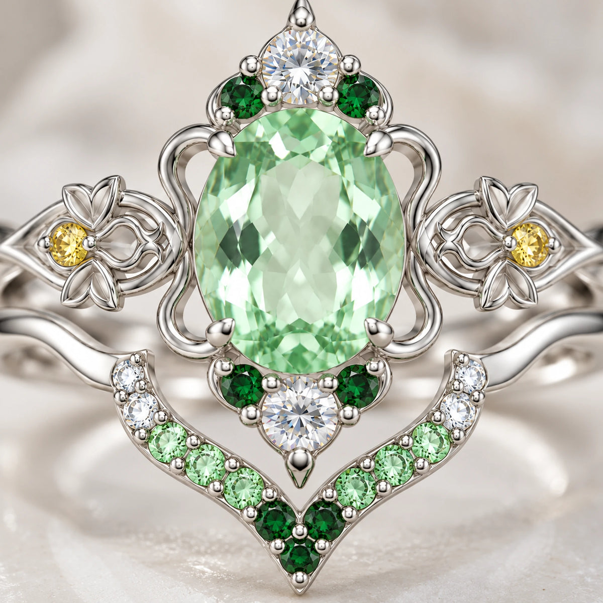 Firefly Stacking Ring Set in silver, close-up of the mint-green stone