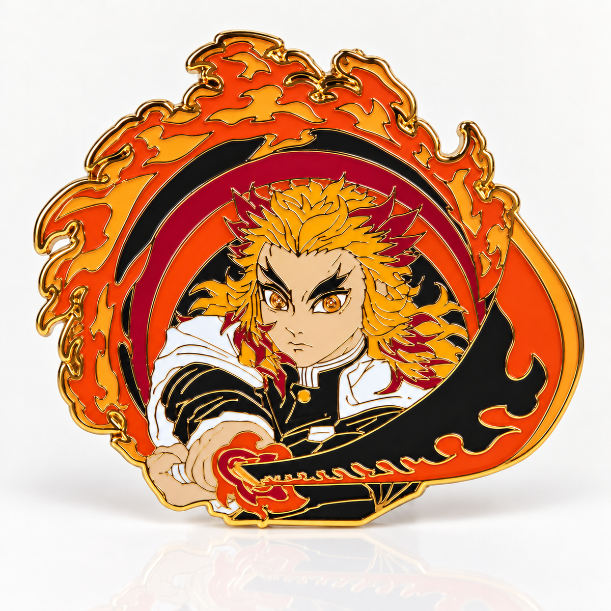 Flame Hashira Glow in the Dark Enamel Pin by Kraymer Art, front view on white