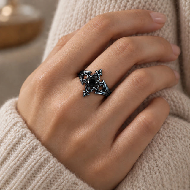 Midnight Fleur Cross Ring in Royal Black, worn