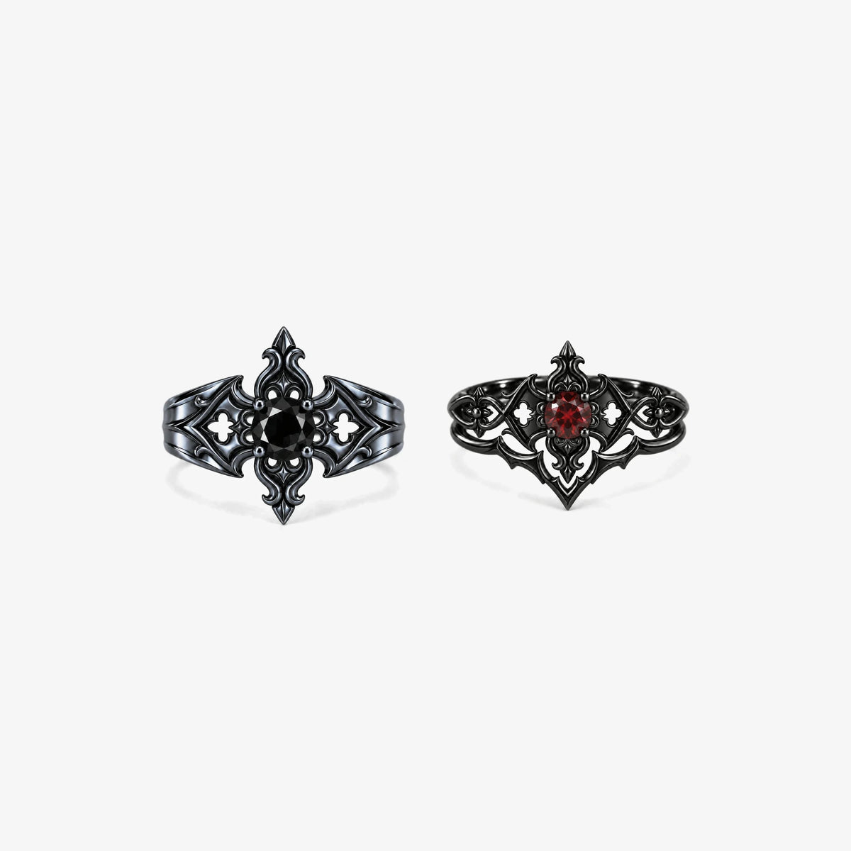 Fleur Cross Couple Ring Set in Royal Black, the Midnight Fleur Cross Ring and the Crimson Fleur Cross Ring side by side