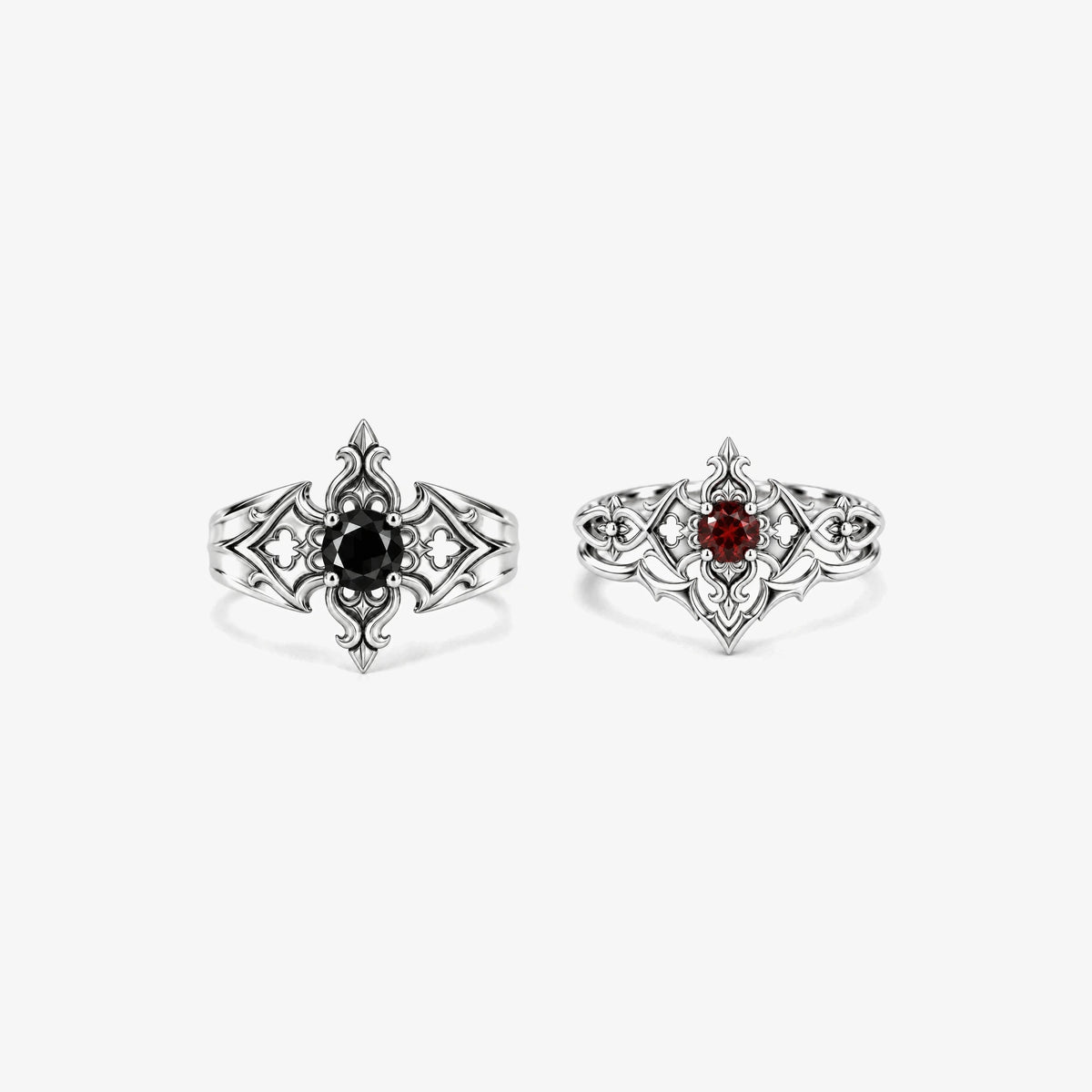 Fleur Cross Couple Ring Set in silver, the Midnight and Crimson Fleur Cross Rings side by side