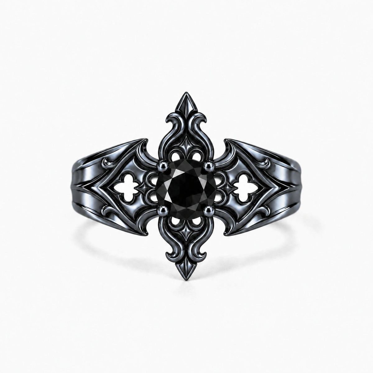 Midnight Fleur Cross Ring in Royal Black, front view