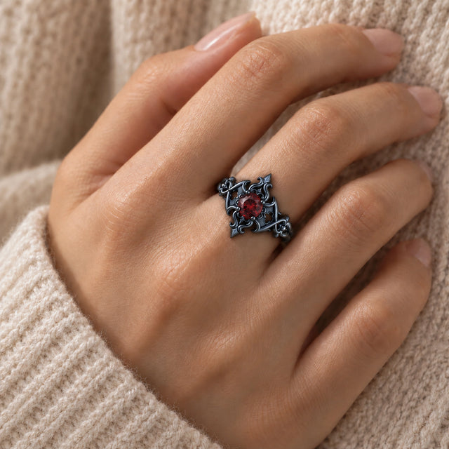 Crimson Fleur Cross Ring in Royal Black, worn