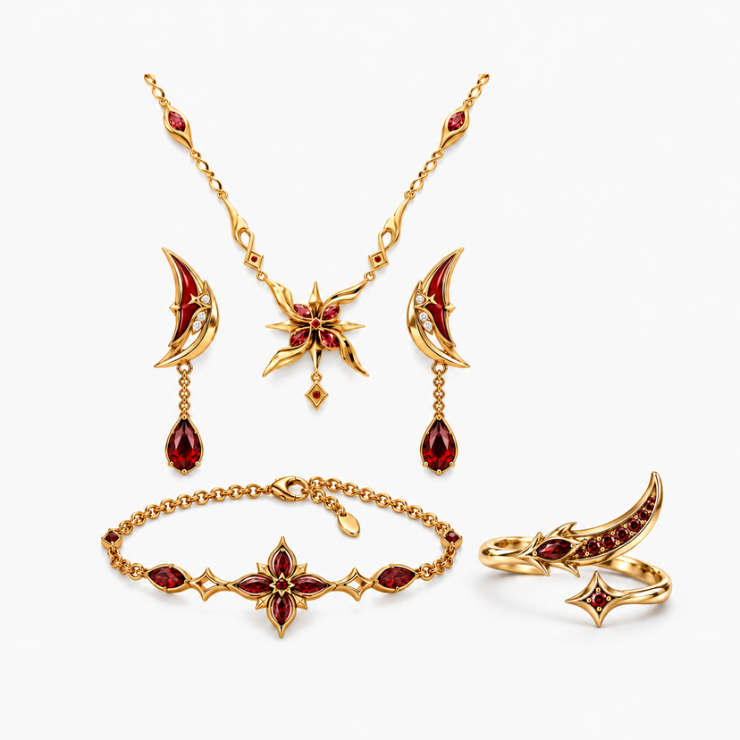 Full Arlecchino Jewelry Collection in gold, necklace, earrings, bracelet and adjustable ring